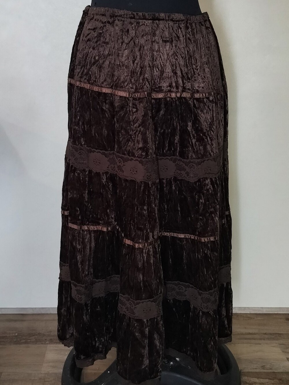 Women's Velvet Tiered Maxi Skirt in Dark Brown